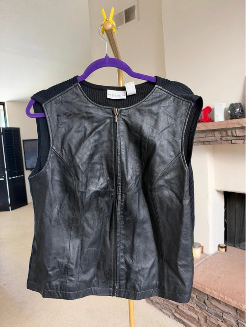 Jacqueline smith classic black leather knit back vest size extra large